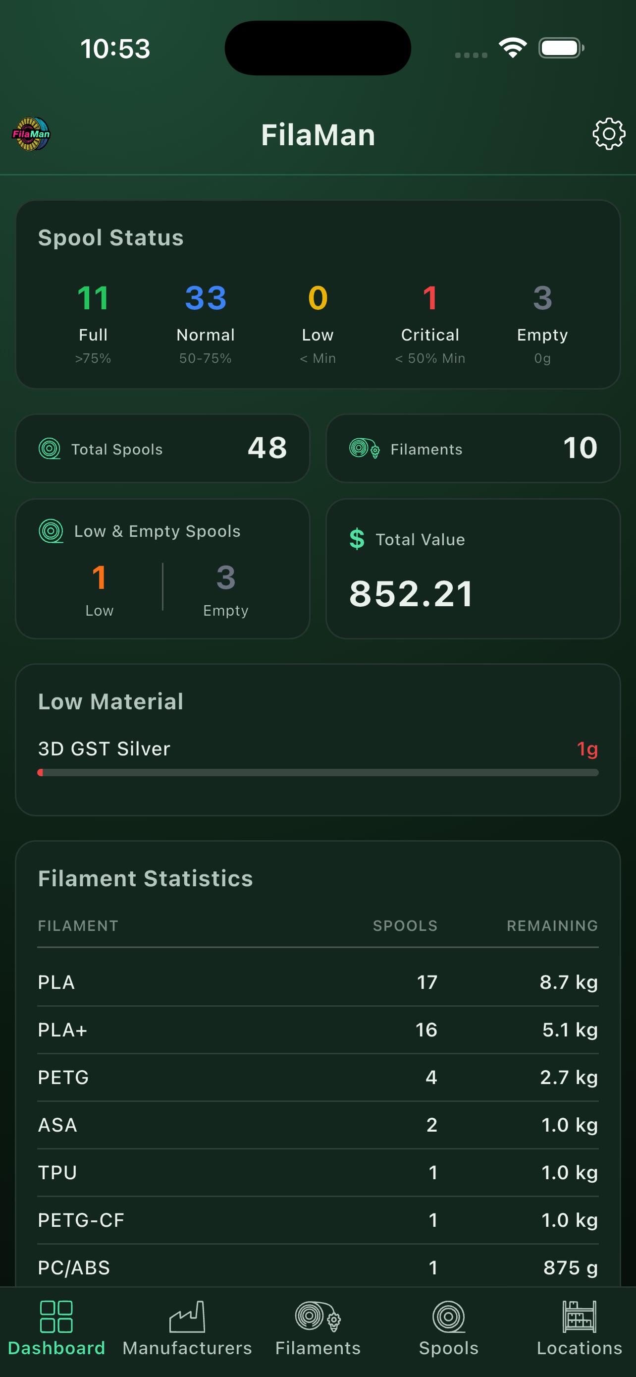 FilaMan iOS Dashboard