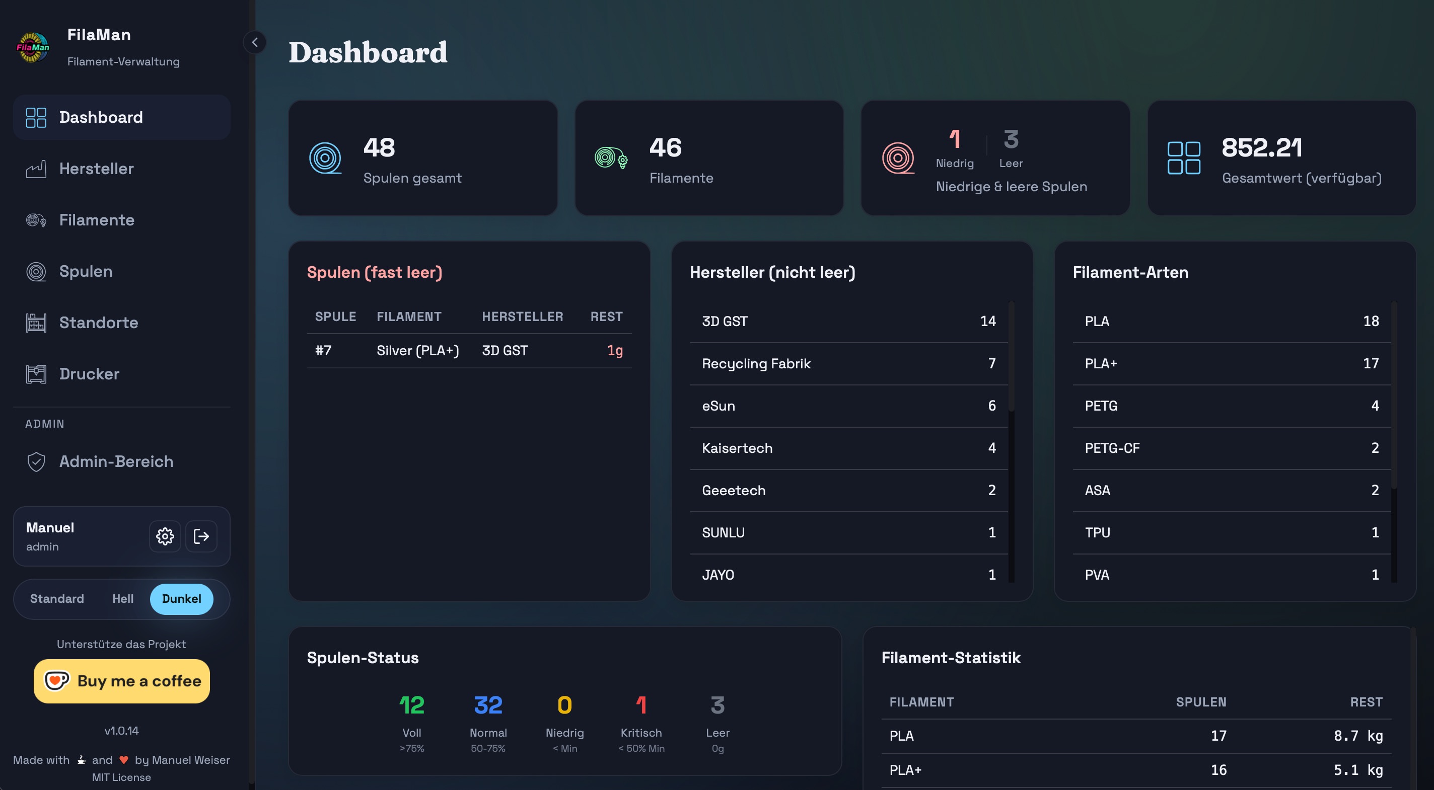 FilaMan Webinterface Dark Mode