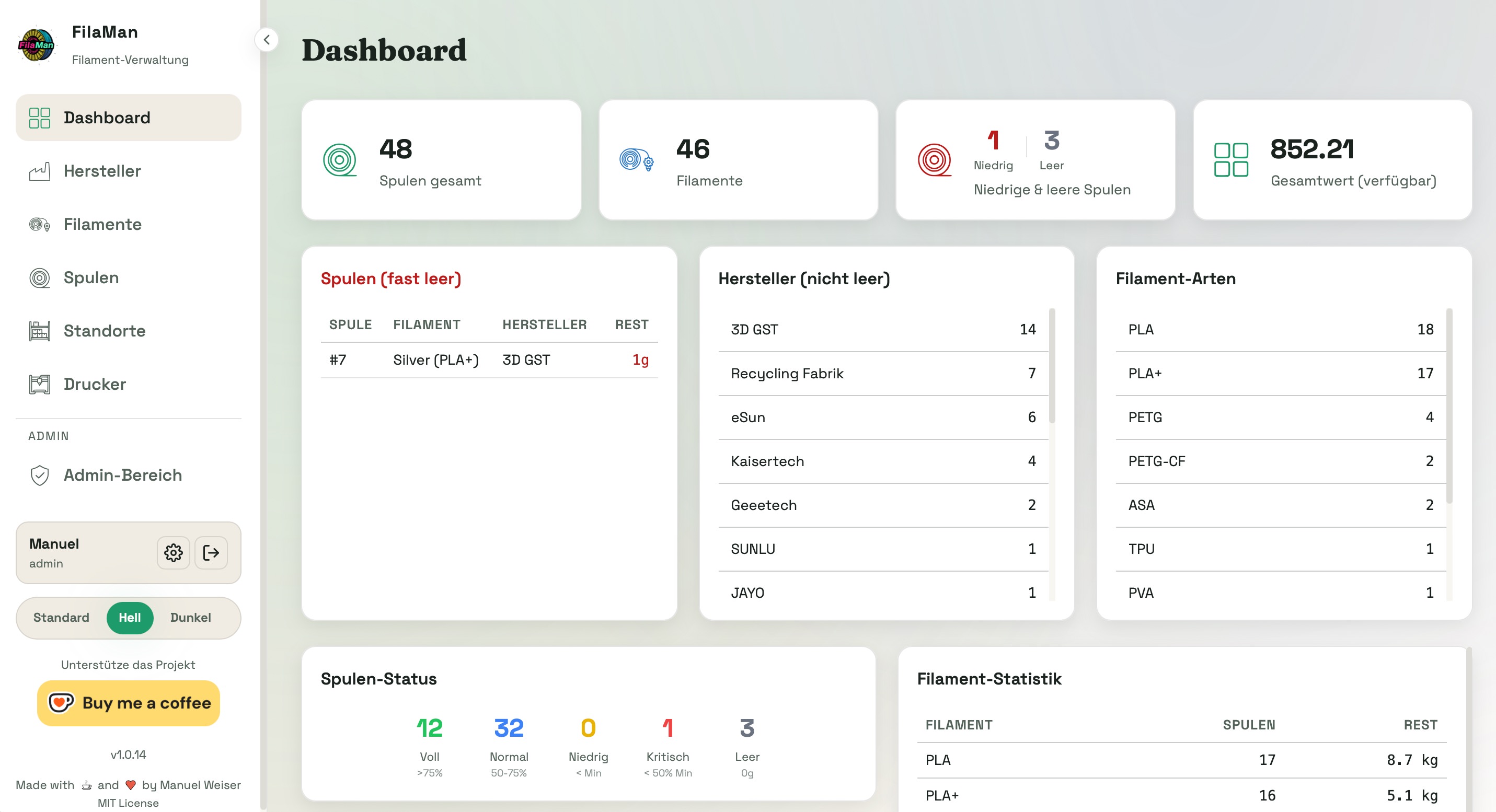 FilaMan Webinterface Light Mode